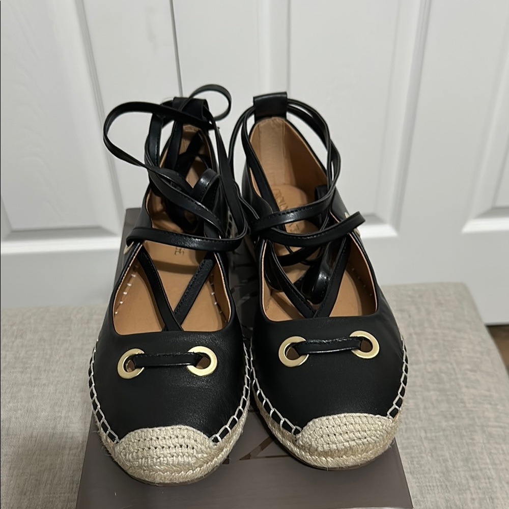 Black Leather Espadrille Flats with Gold Accents, Leather ankle wrap straps. NIB